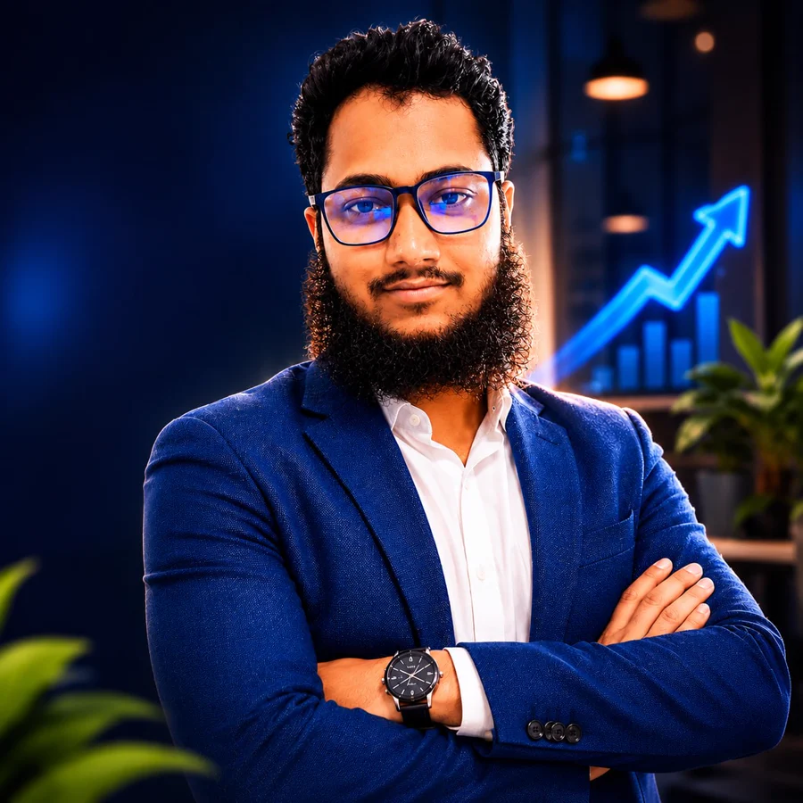 Ashikur Rahman, SEO and AI Search Optimization expert, in a blue blazer with a rising analytics chart behind him
