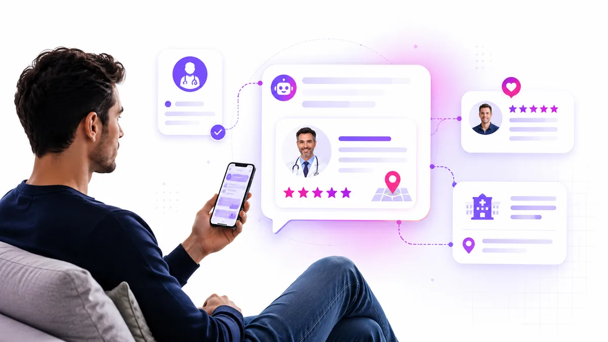 A man on a couch using his phone to ask an AI assistant for a doctor, with the answer showing a physician profile, five-star reviews, and a map location