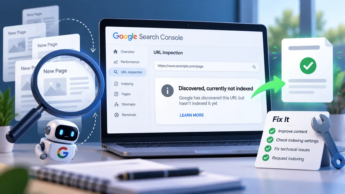 Google Search Console URL Inspection on a laptop showing the Discovered, currently not indexed status, with new page thumbnails under a magnifying glass and a Fix It checklist