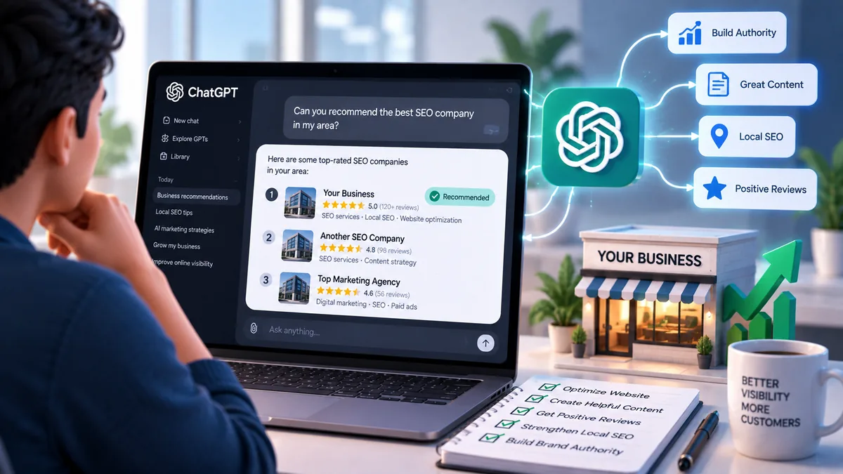 Person at a laptop where ChatGPT lists local SEO companies with Your Business marked Recommended, next to a small storefront model and a rising green arrow
