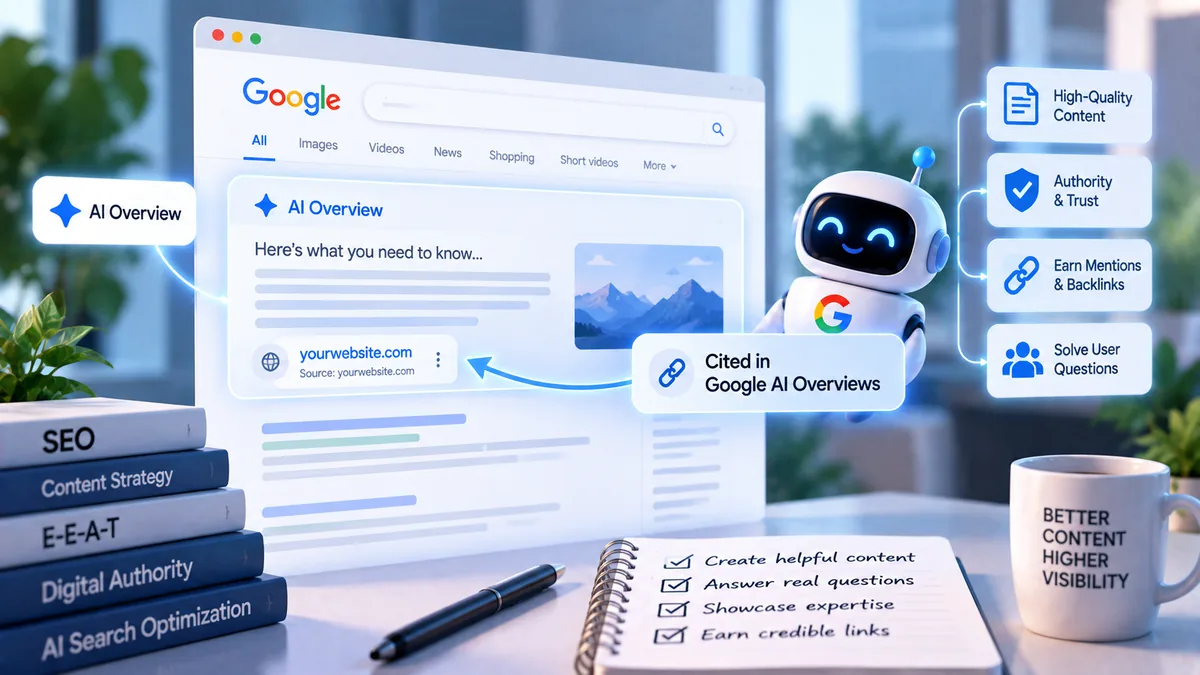 Google AI Overview panel citing yourwebsite.com as a source, with a friendly Google robot and cards for high quality content, authority and trust, mentions and backlinks