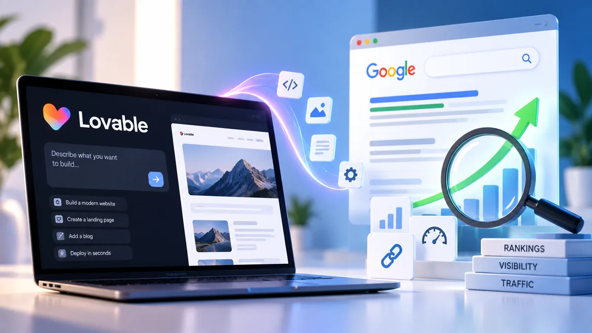 Laptop showing the Lovable builder prompt beside a Google results page with a rising green arrow, magnifying glass, and bar chart