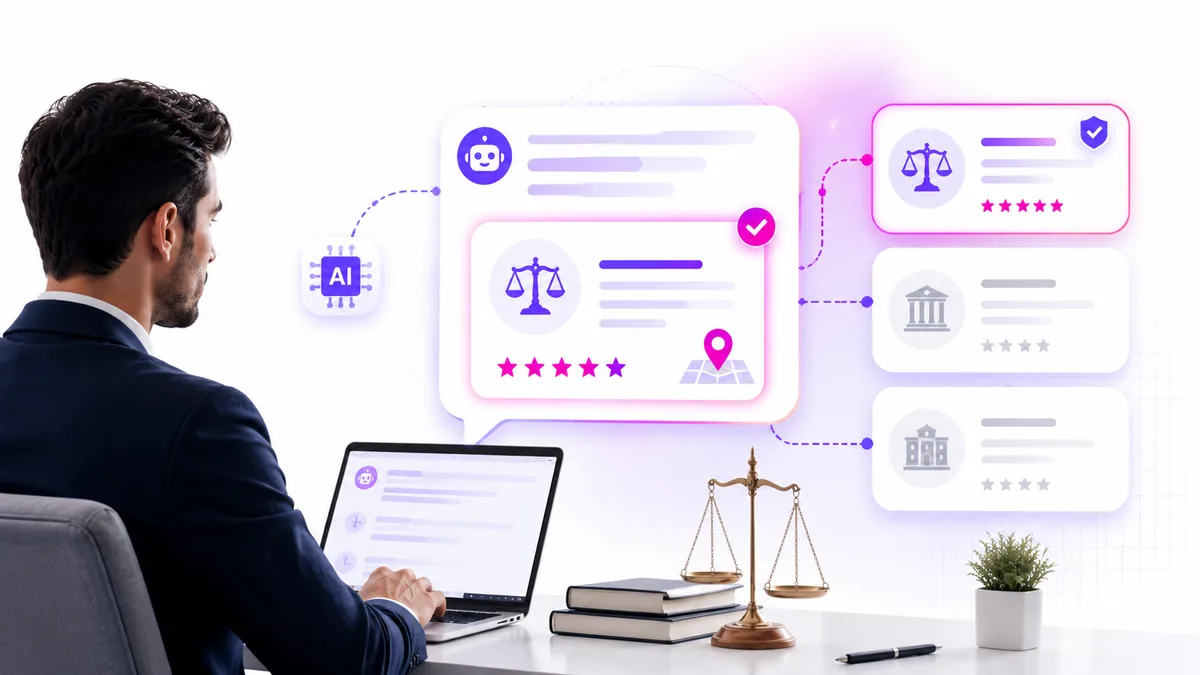 A lawyer at a laptop as an AI assistant recommends law firms, with one verified firm highlighted above two dimmed competitors