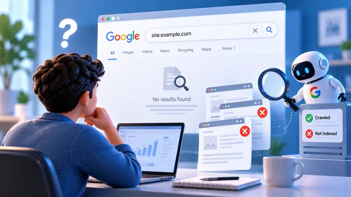 Person looking at a Google site: search that says no results found, with page thumbnails marked with red crosses and a small Google robot holding a magnifying glass