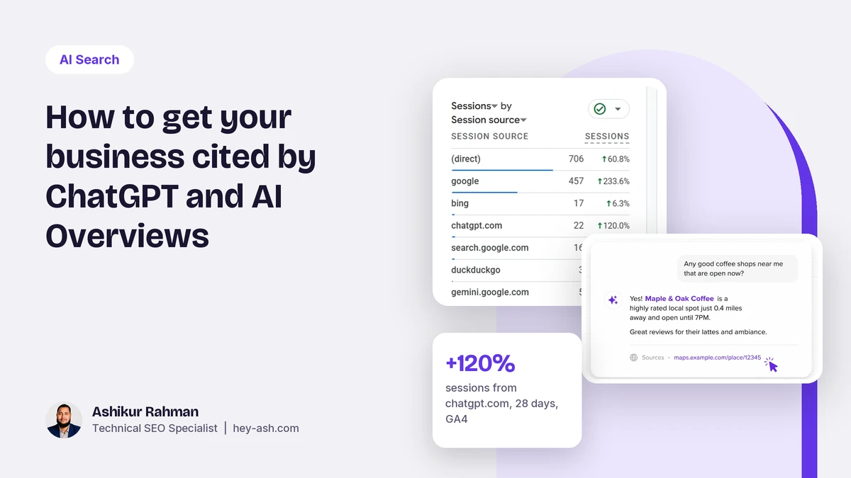 GA4 sessions by source report listing chatgpt.com up 120 percent, beside an example AI answer card citing a local business