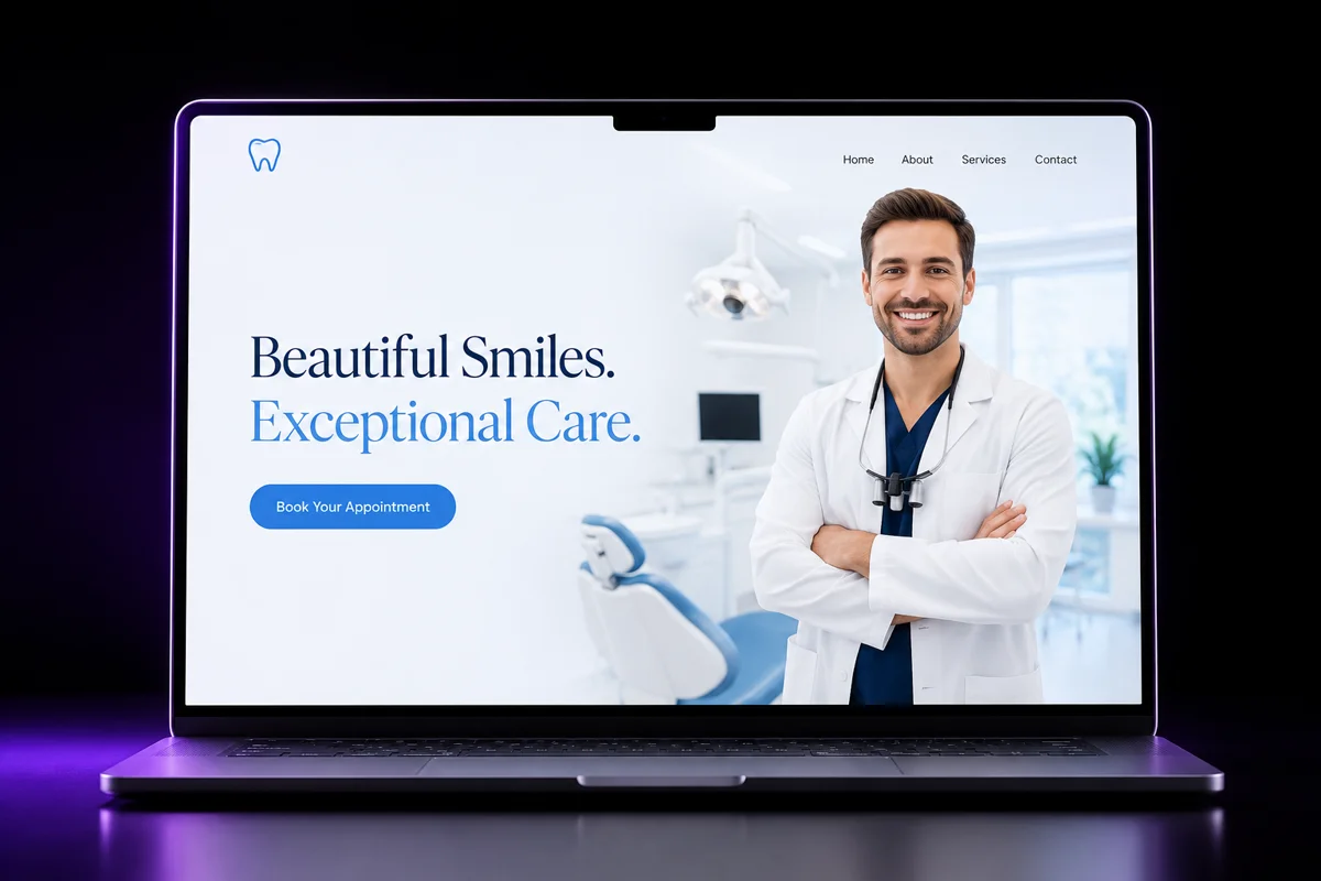 Laptop mockup of a minimal dental clinic website hero reading Beautiful Smiles, Exceptional Care, with a blue booking button and a smiling dentist in a bright clinic