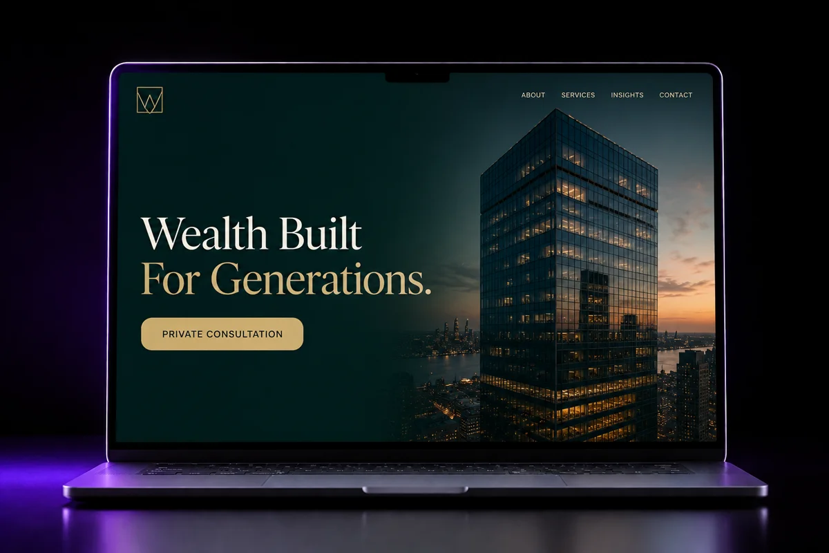 Laptop mockup of an emerald and champagne wealth management website hero reading Wealth Built For Generations, with a private consultation button and a glass skyscraper at dusk