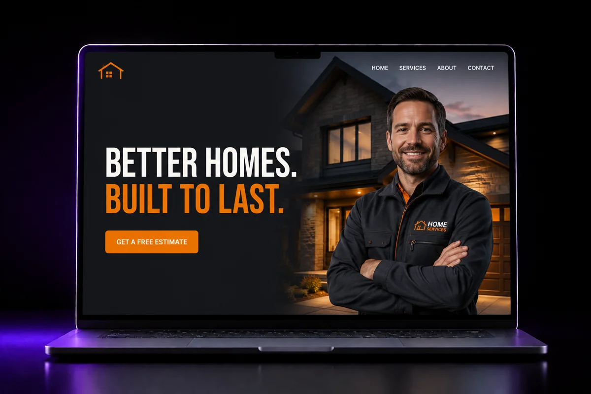 Laptop mockup of an orange and charcoal home services website hero reading Better Homes, Built To Last, with a free estimate button and a contractor in front of a renovated house