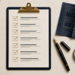 Law firm SEO audit checklist — clipboard with gold check marks beside fountain pen and magnifier