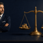 Law firm SEO cost — balance scale weighing dollars against growth, brass on navy
