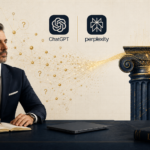 AI engines citing legal authority — neural network flowing into a marble courthouse pillar