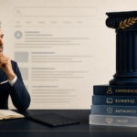 YMYL SEO for lawyers — marble pillar resting on stacked Experience, Expertise, Authority, Trust foundation