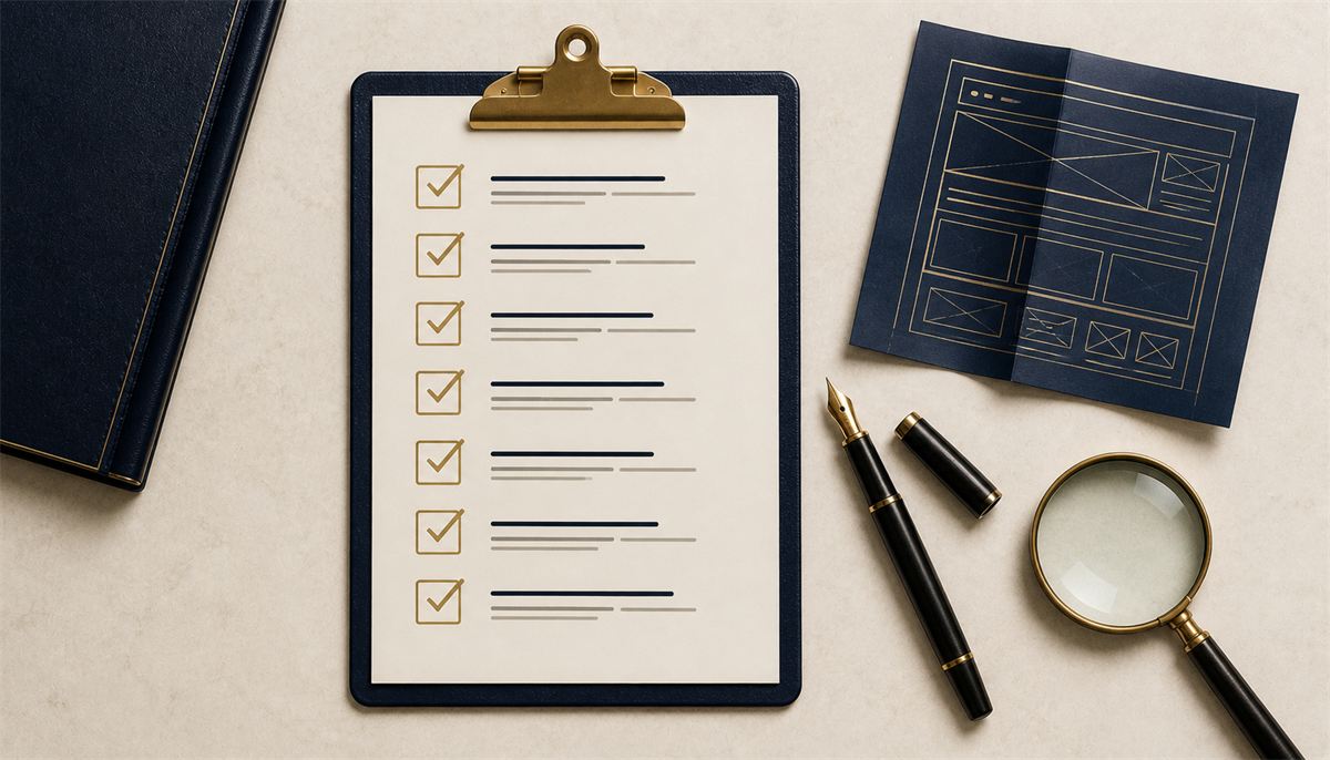 Clipboard with a gold-checked SEO audit checklist, wireframe page, fountain pen and magnifying glass on an ivory desk