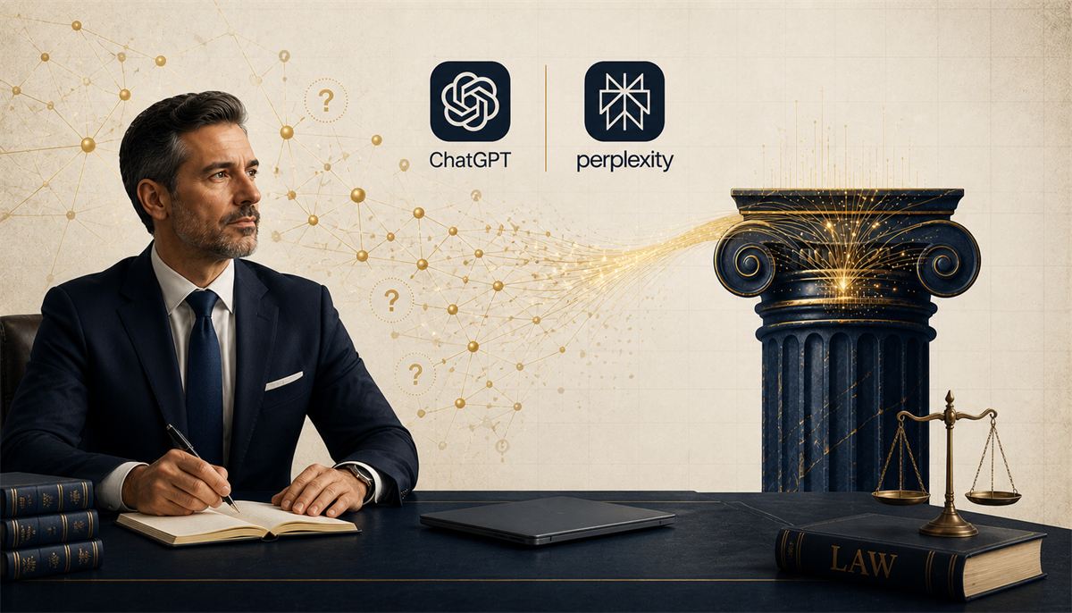 Lawyer at desk with ChatGPT and Perplexity logos and a classical column representing AI search authority