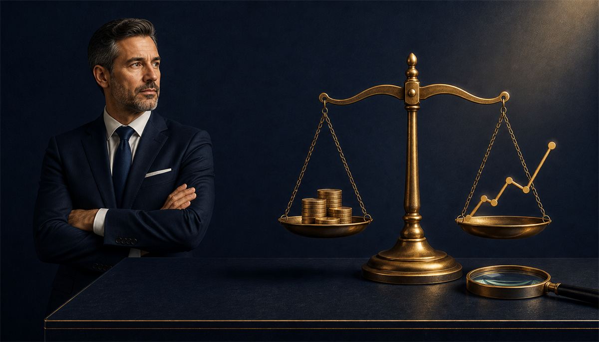 Male lawyer in navy suit with brass scales of justice, stacked coins, and a rising chart, representing law firm SEO cost in 2026
