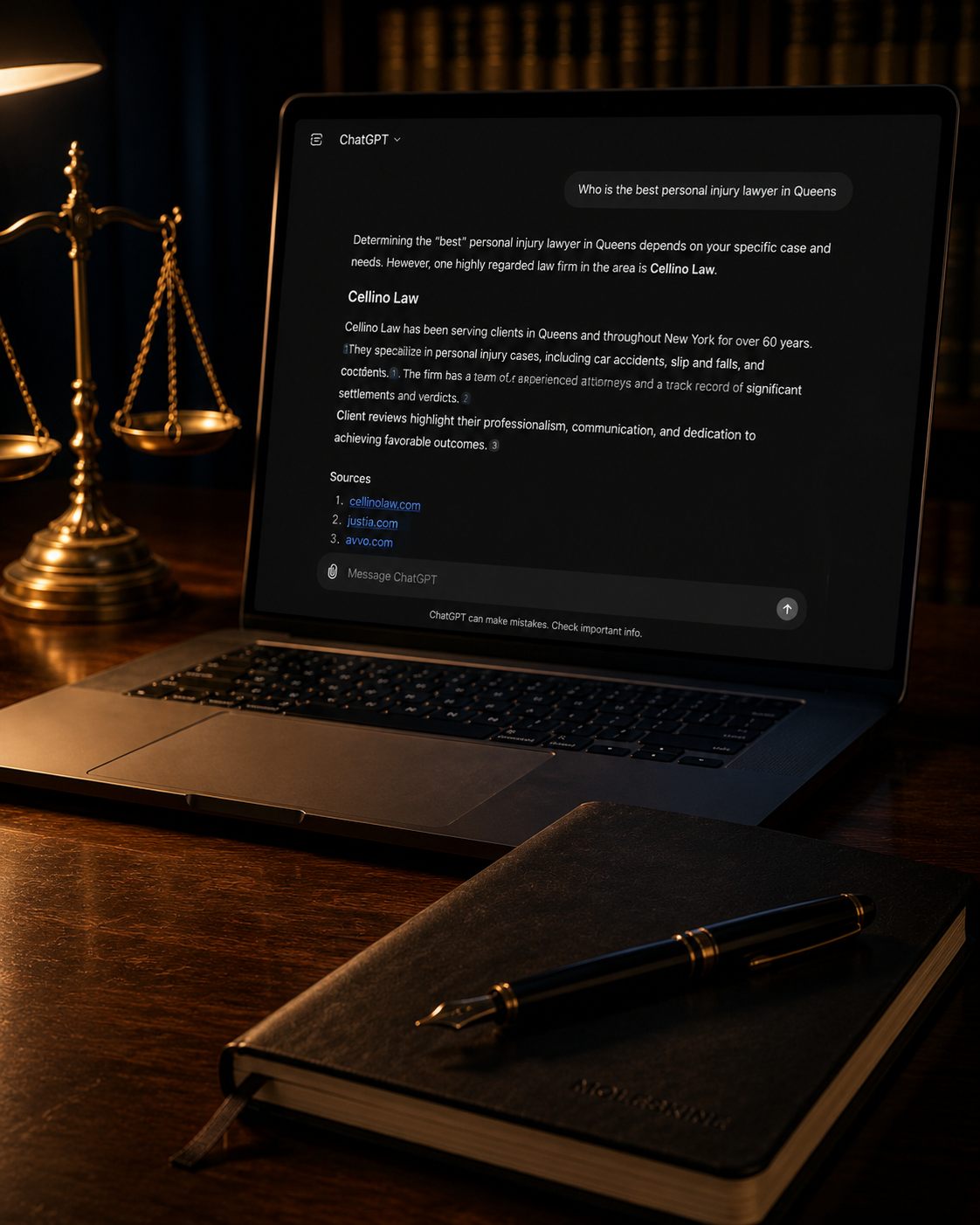 Laptop on a walnut desk showing a ChatGPT answer about the best personal injury lawyer in Queens with citations