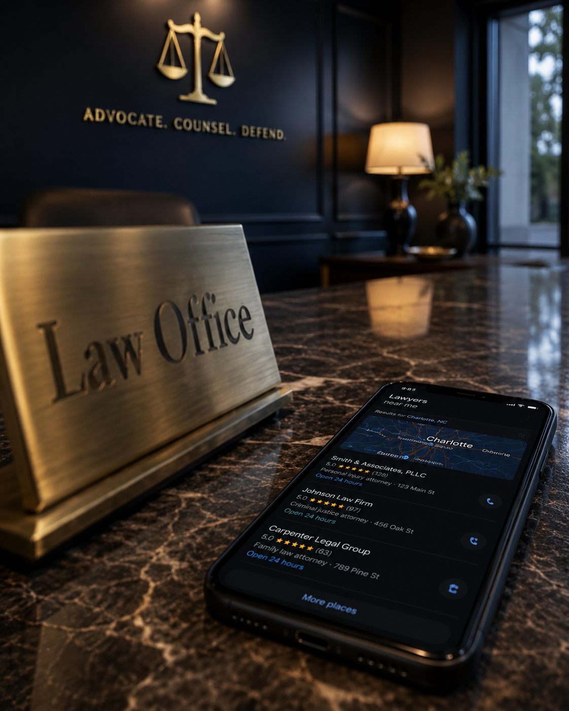 Brass Law Office nameplate on marble desk next to smartphone showing Google Maps local pack of three law firm listings