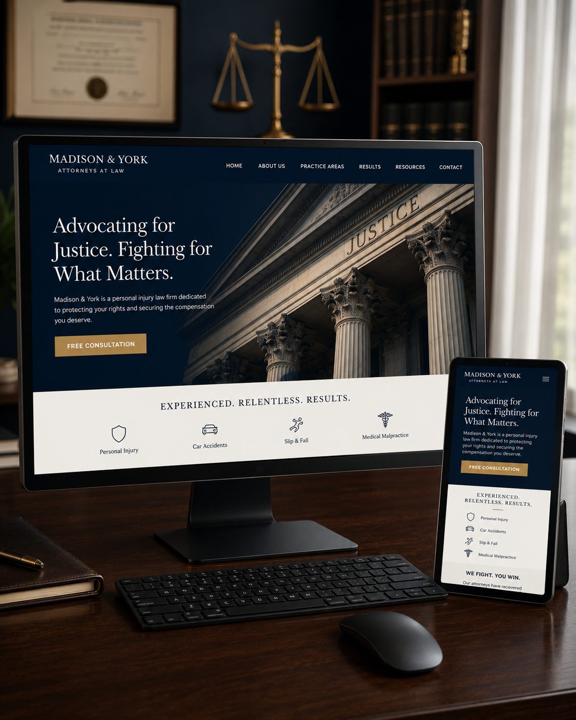 iMac and iPhone on a walnut desk showing a Madison and York law firm website mockup with courthouse imagery